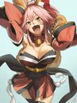 bell bell_collar big_breasts blue_background blush breasts claws collar fangs female hair inner_ear_fluff open_mouth pink_hair simple_background solo teeth tuft yellow_eyes amino-3 fate_(series) type-moon berserker_tamamo_cat caster_tamamo-no-mae animal_humanoid canid canid_humanoid canine canine_humanoid fox fox_humanoid humanoid mammal mammal_humanoid 3:4