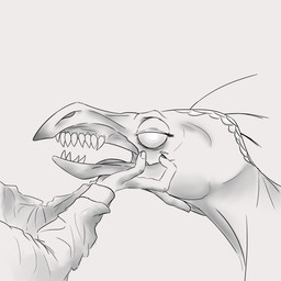 anthro duo female hair_strands head_on_hand long_sleeve_shirt looking_pleasured male no_pupils scales scratching_cheek sharp_teeth teeth heelipmo halo_(series) microsoft xbox_game_studios alien human kig-yar mammal ruuhtian scalie 1:1 absurd_res hi_res line_art monochrome shaded shaded_line_art