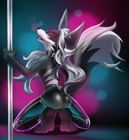 anthro barefoot biped butt chaps claws clothed clothing collar digitigrade ear_piercing fangs feet fur hair half-closed_eyes latex long_hair looking_down male narrowed_eyes nude open_mouth piercing pole presenting sharp_teeth sitting smile smirk solo teeth toe_claws yellow_eyes khalid_(artist) sega sonic_forces sonic_the_hedgehog_(series) infinite_(sonic) canid canine canis jackal mammal 2018 digital_media_(artwork) hi_res