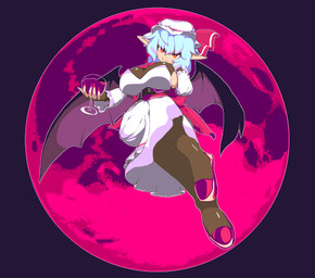 big_breasts black_clothing black_legwear black_thigh_highs blue_hair bonnet breasts clothed clothed_female clothed_humanoid clothing container cup dress drinking_glass female fingernails footwear glass glass_container glass_cup hair headgear headwear holding_container holding_cup holding_drinking_glass holding_object holding_wine_glass humanoid_pointy_ears legwear long_fingernails looking_at_viewer membrane_(anatomy) membranous_wings mobcap moon nails pointy_ears red_clothing red_eyes red_footwear red_moon red_shoes sharp_fingernails sharp_nails shoes smile solo thigh_highs white_bonnet white_clothing white_dress white_headwear white_mobcap wine_glass wings yado_taityou touhou remilia_scarlet humanoid vampire winged_humanoid