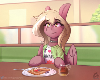 choker clothing cutlery eyebrows eyelashes female feral food fork fruit jewelry kitchen_utensils necklace plant plate shirt solo strawberry syrup text text_on_clothing text_on_shirt text_on_topwear tools topwear waffle wings sugarlesspaints hasbro my_little_pony mythology copper_crescendo fan_character equid equine mammal mythological_creature mythological_equine pegasus 2020 english_text hi_res url