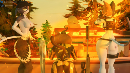 anthro big_breasts big_butt bottomless breasts butt clothed clothing erect_nipples female first_person_view genitals glowing glowing_eyes glowing_genitalia group looking_at_viewer nipples nude nude_anthro nude_female outside partially_clothed tail thick_thighs topless trio vulva samtrix seriuswolf_(modeler) epic_games fortnite cate_meowdy meow_skulls spice_(fortnite) felid feline mammal 16:9 3d_(artwork) 4k absurd_res digital_media_(artwork) hi_res widescreen