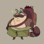 anthro bottomwear brown_body brown_fur clothing food fruit fur leaf overweight overweight_anthro pants plant simple_background solo scraffyraccoon canid canine mammal raccoon_dog tanuki 1:1 2020 hi_res