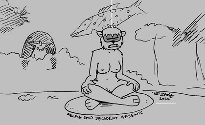 anthro breasts crossed_legs eyes_closed facial_markings female fur grimace hair head_markings markings mask_(marking) navel nipples nude nude_female open_mouth solo water tegerio aelfi_mistreed_(character) domestic_ferret mammal mustelid musteline true_musteline weasel 2024 greyscale hi_res monochrome