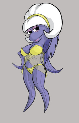 anthro big_breasts bikini breasts cleavage clothed clothing female hair looking_at_viewer nipple_outline nipples non-mammal_breasts non-mammal_nipples purple_body smile smiling_at_viewer solo swimwear two-piece_swimsuit white_hair 4chan_anon nickelodeon spongebob_squarepants incidental_7_(spongebob) aquatic fish absurd_res hi_res