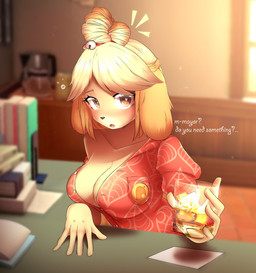 alcohol anthro beverage blush breasts cleavage clothed clothing drunk female fur hair looking_at_viewer open_mouth solo substance_intoxication text yellow_body yellow_fur mimicry_(artist) animal_crossing nintendo isabelle_(animal_crossing) canid canine canis domestic_dog mammal shih_tzu toy_dog english_text hi_res