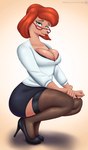 anthro big_breasts bottomwear breasts canid canine canis cleavage clothed clothing conditional_dnp crouching disney domestic_dog eyewear female footwear glasses goof_troop hi_res high_heels mammal mature_female nexcoyotlgt shoes skirt solo sylvia_marpole