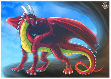 belly border cave claws cloud dewclaw digitigrade feral green_eyes horn male membrane_(anatomy) membranous_wings pink_inner_ear red_body red_scales red_wings scales scutes sky solo tail tapering_tail thick_tail toe_claws white_border white_claws white_horn wings yellow_belly frostedmonster european_mythology mythology wings_of_fire zetralth dragon mythological_creature mythological_scalie scalie skywing_(wof) western_dragon absurd_res digital_media_(artwork) hi_res