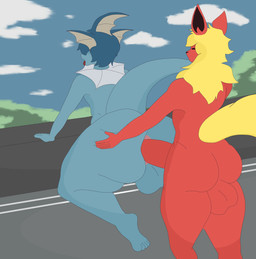 anal anal_penetration anthro balls big_balls big_butt blonde_hair blue_body blue_hair butt duo feet fish_tail fur genitals hair male male/male neck_tuft nude penetration penile penile_penetration penis_in_ass red_body red_fur sex sky slim tail tongue tongue_out tuft yellow_tail akitaar nintendo pokemon jack_(akitaar) sora_(fursora) eeveelution flareon generation_1_pokemon pokemon_(species) vaporeon absurd_res hi_res