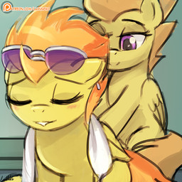 duo eyewear feathered_wings feathers female feral locker locker_room massage simple_background sunglasses wings yellow_body yellow_feathers lumineko friendship_is_magic hasbro my_little_pony mythology blaze_(mlp) spitfire_(mlp) wonderbolts_(mlp) equid equine mammal mythological_creature mythological_equine pegasus 1:1 sibling_(lore) sister_(lore) sisters_(lore)