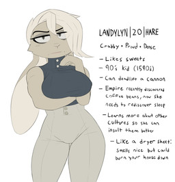 anthro big_breasts biped blush blush_lines breasts cheek_tuft clothed clothing facial_tuft female fur grey_eyes hair half-closed_eyes looking_at_viewer narrowed_eyes nipple_outline resting_bitch_face simple_background solo standing text tuft white_background white_body white_fur white_hair wide_hips yitexity landylyn_(yitexity) hare lagomorph leporid mammal 2022 english_text hi_res model_sheet