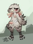 anthro balls beak blush breasts erection feathered_wings feathers feet genitals grey_body grey_feathers gynomorph insulin_patch intersex looking_at_viewer nipples nude penis simple_background solo tail tail_feathers talons text toes wings lewdstuffstack avian bird 2024 digital_media_(artwork) hi_res trans_(lore)