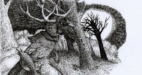 ambiguous_gender anthro antlers bone cloak clothed clothing forest forest_background glowing glowing_eyes hood horn nature nature_background night plant skull skull_head solo tree rubensmuse the_witcher_3:_wild_hunt humanoid leshen 2016 digital_media_(artwork) monochrome