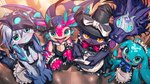 accessory ambiguous_anthro ambiguous_form ambiguous_gender anthro apron arm_tuft big_ears biped black_body black_bow black_clothing black_fur black_hat black_headwear black_nose blue_body blue_bow blue_ears blue_eyes blue_hair blue_markings blue_scales blue_wings bow_ribbon breasts cheek_spikes cheek_tuft claws clipboard clothed clothed_ambiguous clothed_anthro clothed_female clothing dress ear_markings elbow_tuft empty_eyes facial_spikes facial_tuft fangs female female_anthro finger_claws fingers floppy_ears frilly frilly_clothing frilly_dress fur glistening glistening_body glistening_breasts glistening_scales gloves_(marking) glowing glowing_eyes group hair hair_accessory hair_bow hair_ribbon hat headgear headwear high-angle_view holding_clipboard holding_object holding_pen hooved_plantigrade hooved_toes hooves horizontal_pupils inner_ear_fluff kneeling looking_at_viewer lop_ears maid_apron maid_headdress maid_uniform markings mask membrane_(anatomy) membranous_wings multicolored_body multicolored_ears multicolored_fur multicolored_hair multicolored_scales multicolored_wings neck_bow neckband neckwear open_mouth open_smile orange_eyes paws pen plantigrade pseudo_hair pupils purple_tongue pussy_tongue red_body red_bow red_ears red_scales ribbons scales smile spikes spikes_(anatomy) spread_wings tan_body tan_scales tan_wings teeth tentacle_hair tentacles tongue tongue_out tuft uniform wearing_mask white_body white_fur white_hair wings witch_hat blaedic league_of_legends mythology riot_games tencent fizz_(lol) kindred_(lol) lamb_(lol) smolder_(lol) veigar wolf_(lol) bovid canid canine canis caprine dragon imperial_dragon_(lol) mammal mythological_creature mythological_scalie scalie sheep wolf yordle 16:9 2025 4k absurd_res digital_media_(artwork) digital_painting_(artwork) hi_res painting_(artwork) signature widescreen male_(lore)