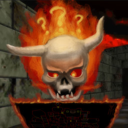 bone confusion fangs fire gameplay_mechanics horn map not_furry question_mark red_eyes skull solo teeth unknown_artist doom_(series) id_software microsoft demon lost_soul 1:1 hi_res
