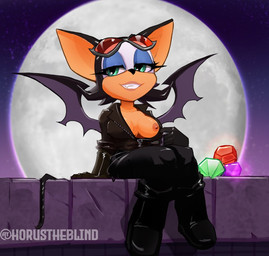 anthro areola bat_wings big_ears black_bodysuit black_boots black_clothing black_footwear black_gloves black_handwear black_nose black_skinsuit blue_eyeshadow bodysuit boots breasts brown_areola brown_nipples clothing cosplay eyeshadow eyewear eyewear_on_head female flashing flashing_breasts footwear front_view fur gem gloves goggles goggles_on_head green_eyes handwear holding_object holding_whip looking_at_viewer makeup membrane_(anatomy) membranous_wings moon night nipples one_breast_out purple_wings shoes sitting skinsuit smile solo tan_body tan_fur tight_clothing whip white_body white_fur wings horustheblind dc_comics sega sonic_the_hedgehog_(series) catwoman rouge_the_bat bat mammal