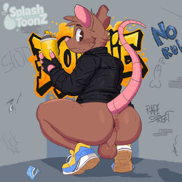 anthro anus backsack balls big_butt brown_body brown_fur butt fur genitals male pink_inner_ear pink_nose pink_tail solo spread_anus spreading tail splashtoonz ronnie_(splashtoonz) mammal murid murine rat rodent 1:1