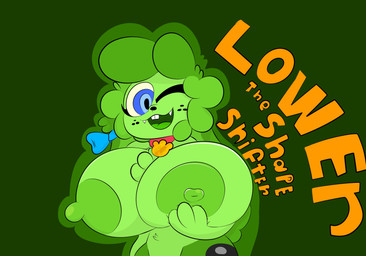 anthro areola big_breasts big_nipples blue_eyes blue_ribbon breasts cartoon_freckles collar eyelashes female freckled_face freckles fur gold_(metal) green_body green_breasts green_head green_nipples happy holding_breast huge_breasts long_eyelashes nipple_dip nipples one_eye_closed red_collar solo tail wink alpog21_(artist) lower_(sweet2delow) lagomorph leporid mammal rabbit absurd_res hi_res