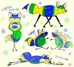 ambiguous_gender anthro biped brazil brazilian brazilian_flag canid canine dessert duo electronics eyes_closed feral food headphones keke_(artist) mammal maned_wolf multiple_images musical_note musical_symbol open_mouth open_smile portuguese_text quadruped quindim smile solo star symbol text