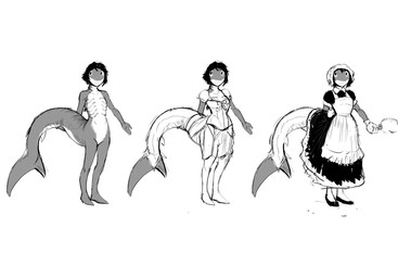 a-pose anthro bloomers bottomwear cleaning_tool clothing corset feather_duster featureless_chest female furgonomics garter_belt garter_straps gills gloves handwear lingerie maid_headdress maid_uniform multiple_outfits pose shark_tail solo tail tail_clothing tail_stocking topwear uniform hladilnik lonely_shark_(hladilnik) aquatic fish shark 2025 hi_res monochrome