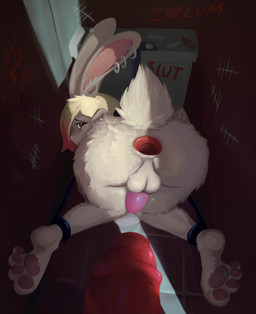 4_toes anatomically_inaccurate anatomically_inaccurate_pawpads ankle_cuffs anthro anus ass_up backsack balls bdsm black_eyebrows blonde_hair bondage bound cuff_(restraint) dominant dominant_male dominant_pov duo ear_piercing ear_ring erection eyebrows eyelashes feet first_person_view fur gaping gaping_anus gauged_ear genitals graffiti grey_balls grey_body grey_ears grey_fur grey_tail hair highlights_(coloring) hindpaw humanoid_heel iris knock-kneed light long_ears looking_at_viewer looking_back looking_back_at_viewer male male/male male_anthro male_pov nude nude_anthro nude_male paws penis perineum piercing pink_highlights pink_inner_ear pink_penis pupils rear_view red_anus red_eyes red_penis red_text restraints ring_piercing scut_tail short_tail solo_focus submissive submissive_male tail tally_marks text threshold_light toes toilet vein veiny_penis western_tally_marks white_sclera ultrabondagefairy lagomorph leporid mammal rabbit 2017 english_text full-length_portrait hi_res lighting portrait