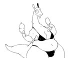 anthro belly big_belly big_breasts bikini bodily_fluids breasts bulge clothing dessert food gynomorph ice_cream intersex long_neck overweight solo sweat sweatdrop swimwear tail thick_tail thick_thighs tongue tongue_out two-piece_swimsuit wide_hips sleepygirlthing mythology dragon mythological_creature mythological_scalie scalie monochrome