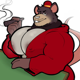 anthro biceps big_muscles big_pecs bowler_hat cigar clothed clothing hat headgear headwear hoodie looking_at_viewer male mascot muscular muscular_anthro muscular_male nipple_outline nipples open_clothing open_shirt open_topwear pecs pecs_focus red_clothing red_hoodie red_topwear shirt simple_background smile smirk smoking smoking_cigar solo tail topwear weirdocoon don_mortimer_(cafeaubandage) mammal mouse murid murine rodent 1:1 hi_res
