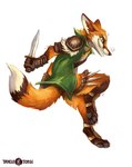 4_toes anthro barefoot black_nose black_pawpads claws clothed clothing dagger dipstick_tail feet fur green_eyes holding_object holding_weapon markings melee_weapon multicolored_tail orange_body orange_fur pawpads simple_background smile soles solo tail tail_markings toes weapon white_background kenket tangletorn trell canid canine fox mammal 2019 digital_media_(artwork) nonbinary_(lore)