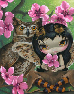 ambiguous_gender beak black_hair blush cherry_blossom cherry_blossom_tree cherry_tree clothed clothing detailed_background dress duo eyebrows eyelashes feathers female feral flower fruit_tree hair lips long_hair looking_at_viewer micro orange_eyes pink_flower pink_lips plant prunus_(flower) pupils sitting tree jasmine_becket-griffith owlyn_(jasmine_becket-griffith) animal_humanoid avian avian_humanoid bird bird_humanoid fairy great_horned_owl horned_owl humanoid mammal owl owl_humanoid true_owl dated formal_art painting_(artwork) traditional_media_(artwork) traditional_painting_(artwork)