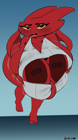 areola big_areola big_breasts black_eyes breasts clothing female half-closed_eyes huge_breasts looking_at_viewer narrowed_eyes nipples not_furry open_mouth red_areola red_body red_nipples solo sweater topwear virgin_killer_sweater yellow_sclera penlink meme_clothing satina_(series) lucia_(satina) demon humanoid hi_res meme