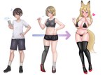 big_breasts blonde_hair bottomwear breast_growth breasts brown_hair clothing electronics female footwear gender_transformation gjinka growth hair heart_symbol high_heels holding_object holding_phone human_to_humanoid legwear looking_at_viewer male mtf_transformation navel phone pink_eyes red_clothing red_footwear red_high_heels shirt shoes shorts simple_background solo species_transformation stockings tail tail_growth text topwear transformation transformation_sequence white_background white_clothing white_shirt white_topwear vuaisu animal_humanoid canid canid_humanoid canine canine_humanoid fox_humanoid human humanoid mammal mammal_humanoid 2024 digital_media_(artwork) hi_res japanese_text sequence