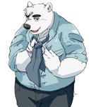 anthro belly black_nose bottomwear clothing fur humanoid_hands kemono male necktie overweight overweight_anthro overweight_male pants shirt simple_background solo topwear white_background white_body white_fur train_(artist) aggretsuko sanrio shirota_(aggretsuko) bear mammal polar_bear ursine 2020 hi_res