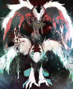 abstract_background ambiguous_gender anthro antlers biped black_sclera bodily_fluids chest_tuft crouching crying death_glare duo eyes_closed featureless_crotch front_view fur glowing glowing_eyes head_down head_wings horn huge_wings kneeling looking_at_viewer mouthless multicolored_body multicolored_fur neck_tuft nude_anthro pupils red_body red_fur tan_body tan_fur teal_body teal_fur tears tuft unusual_wing_placement white_body white_fur white_pupils wings gemini_kirby kirby_(series) nintendo chaos_elfilis fecto_elfilis alien chinchilla chinchillid mammal rodent starling_(kirby) digital_drawing_(artwork) digital_media_(artwork) digital_painting_(artwork) hi_res painting_(artwork)