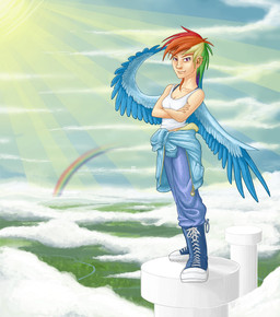 5_fingers alternate_species blue_body blue_feathers breasts clothed clothing cloud crossed_arms day ear_piercing eyelashes feathered_wings feathers female fingers hair humanized looking_at_viewer multicolored_hair outside piercing pink_eyes rainbow_hair sky slim solo spread_wings standing sun white_body white_skin wings gor1ck friendship_is_magic hasbro my_little_pony rainbow_dash_(mlp) avian human mammal hi_res