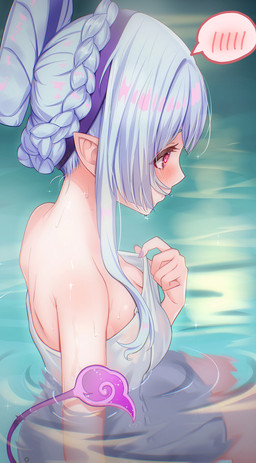 accessory blue_hair blush braided_hair breasts embarrassed female glistening glistening_body hair hair_accessory hairband long_hair medium_breasts partially_submerged pink_eyes pointy_ears prick_ears raised_tail showing_chest side_view sitting spiral spiral_eyes tail towel water wet wet_body ewaaawa genshin_impact mihoyo mizuki_yumemizuki humanoid mammal tailed_humanoid hi_res