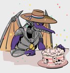 anthro birthday_cake cake clothing dessert food hat headgear headwear male simple_background solo wings pajarona metroid mythology nintendo ridley dragon mythological_creature mythological_scalie scalie hi_res