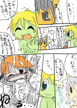 anthro arms_tied balls black_hair blonde_hair blue_body blush bodily_fluids bound chain chained countershading dialogue erection fur genitals green_body grey_body grey_fur group hair horn lube lying male male/male navel nude on_back orange_body orange_fur orange_hair penis shota simple_background sketchy small_penis smile sweat text white_background young young_anthro doneru dion_(doneru) miks shari wazumi lagomorph leporid mammal rabbit scalie comic japanese_text multiple_scenes right_to_left sketch translation_check translation_request