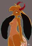 anthro breasts brown_body brown_eyes brown_fur female fur genitals horn long_ears looking_at_viewer nipples nude piercing pussy simple_background smile solo raljoy ral tojol 2018 digital_media_(artwork) hi_res signature