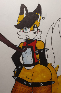 2_tails anthro armband armwear big_butt blue_eyes blush blush_lines bottomless bottomless_male butt clothed clothing collar elbow_gloves eyebrows eyeshadow femboy fishnet_clothing fishnet_legwear fishnet_topwear fur gloves hand_on_hip handwear heart_symbol leash leashed_collar legband legwear makeup male multi_tail orange_body orange_fur raised_eyebrow simple_background solo spiked_armband spiked_collar spiked_legband spikes tail thick_thighs topwear justsomeidiotonline archie_comics sega sonic_the_hedgehog_(archie) sonic_the_hedgehog_(comics) sonic_the_hedgehog_(series) miles_prower_(anti-tails) canid canine fox mammal red_fox true_fox 2022 absurd_res flat_colors hi_res portrait three-quarter_portrait traditional_media_(artwork)