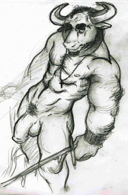 anthro balls blade cross facial_hair flaccid genitals goatee horn male melee_weapon muscular muscular_anthro muscular_male nude penis pubes scar solo sword weapon kyomikogei bovid bovine mammal hi_res sketch