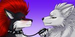 2:1 anthro black_body black_collar black_fur black_leash blush canid canine canis collar collar_tag digital_media_(artwork) dominant duo ear_piercing ear_ring eliana-asato eyebrows facial_piercing facial_tuft fur grin hair head_tuft holding_leash holding_object leash long_hair looking_at_another male mammal mohawk neck_tuft nose_piercing nose_ring piercing portrait rainbow_piercings red_eyebrows red_hair ring_piercing seamus_o_tuathail septum_piercing shy side_view simple_background smile spiked_collar spikes submissive tuft white_body white_fur wolf yellow_eyes