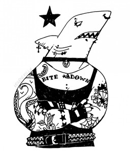 anthro arm_tattoo belt clothing collar eyebrow_piercing facial_piercing female fin fin_piercing fingerless_gloves furgonomic_piercing furgonomics gem_tattoo gills gloves handwear jewelry lip_piercing necklace nose_piercing nose_ring notched_fin piercing ring_piercing sharp_teeth shirt simple_background solo star studded_belt studs tank_top tattoo teeth text topwear white_background kewpiekills aquatic fish shark handwritten_text hi_res monochrome signature
