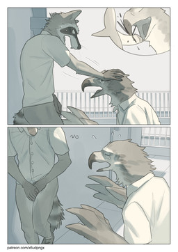 anthro anthro_on_anthro biped black_body black_fur blood blood_from_penis bodily_fluids bottomless bottomless_anthro bottomless_male brown_body clothed clothing covering covering_crotch covering_self duo erection explicitly_stated_nonconsent fur genitals grey_body grey_fur humanoid_genitalia humanoid_penis interspecies male male/male markings penis penis_bite rejection ring_(marking) ringed_tail shirt speech_bubble striped_markings striped_tail stripes sweat tail tail_markings tears text topwear white_body white_clothing white_fur white_shirt white_topwear pngx accipitrid accipitriform avian bird eagle mammal procyonid raccoon 2023 absurd_res comic digital_media_(artwork) hi_res url