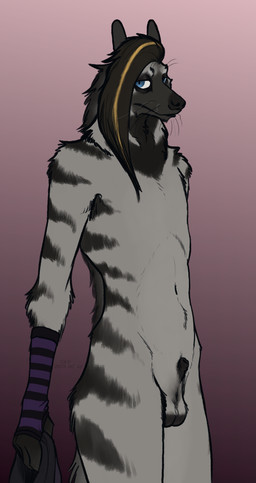 animal_genitalia anthro arm_warmers armwear balls blue_eyes clothing fully_sheathed fur genitals gradient_background hair highlights_(coloring) looking_at_viewer male mostly_nude sheath simple_background skinny solo striped_body stripes whiskers white_body white_fur strana_(artist) strana_(character) hyena mammal striped_hyena 2025 hi_res