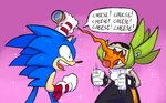 anthro blue_body blue_fur cheese clothing dairy_products duo ear_piercing female food fur gloves green_body green_eyes green_fur handwear male male/female piercing pink_background sharp_teeth shirt simple_background speech_bubble spray_cheese teeth text topwear captain_molasses idw_publishing sega sonic_the_hedgehog_(comics) sonic_the_hedgehog_(idw) sonic_the_hedgehog_(series) sonic_the_hedgehog surge_the_tenrec afrosoricid eulipotyphlan hedgehog mammal tenrec 2023