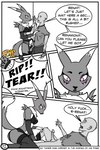 2:3 absurd_res anthro armwear bandai_namco bra canid clothed clothing comic couldnotparseline dialogue digimon digimon_(species) duo english_text female heart_eyes heart_symbol hi_res human male male/female mammal mind_control profanity renamon shaking speech_bubble text torn_clothing underwear