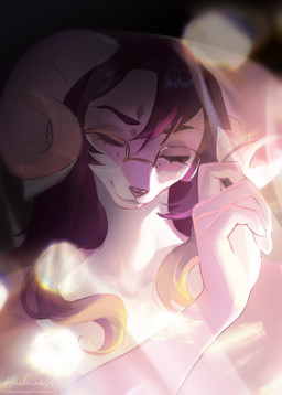 ambiguous_gender anthro biped eyes_closed eyewear fingers fur glasses hair horn simple_background smile solo hackainax mammal 2026 absurd_res digital_drawing_(artwork) digital_media_(artwork) hi_res