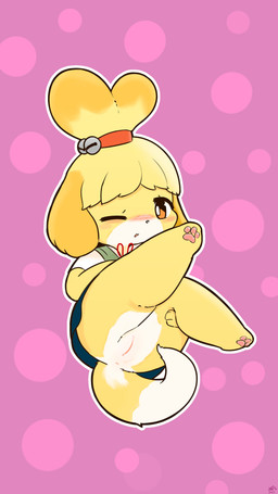 anthro anus bell blush bottomwear clothed clothing female genitals no_underwear nude one_eye_closed outline pattern_background pawpads simple_background skirt solo spread_legs spreading tail vulva white_outline x_kemo animal_crossing nintendo isabelle_(animal_crossing) canid canine canis domestic_dog mammal shih_tzu toy_dog 2025 4k 9:16 absurd_res hi_res signature