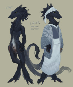 4_fingers 4_toes ambiguous_gender animal_genitalia anthro asian_clothing balls black_body black_fur breasts claws clothed clothed_anthro clothing digitigrade east_asian_clothing featureless_breasts feet fingers fully_clothed fully_clothed_anthro fully_sheathed fur genitals green_eyes hair male nails nude pawpads pubes sheath slim speckled_body tail tail_tuft text toes tuft white_body white_fur chemicallyroadkill lars_(roadkill) mammal sergal 2025 absurd_res digital_media_(artwork) english_text hi_res model_sheet