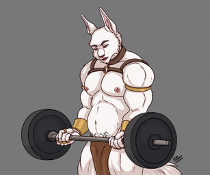 5_fingers anthro bottomwear brown_nose clothing exercise fingers fur harness loincloth male muscular muscular_male nipples pregnant pregnant_male simple_background solo tribal weightlifting white_body white_fur womb_tattoo workout ilitiaforever wawik anubian_jackal canid canine canis jackal mammal 2024